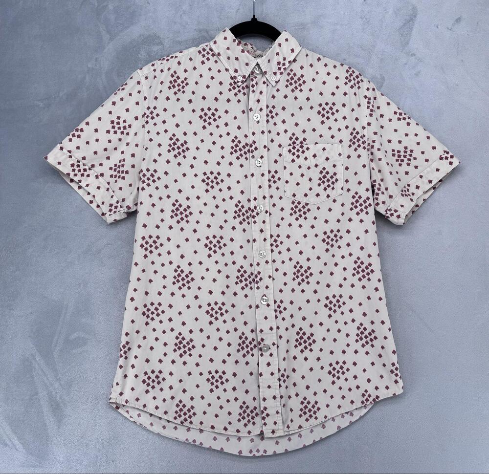 Kennington‎ The Slim Shirt Mens M Beige Mushroom Print Short Sleeve Button Up